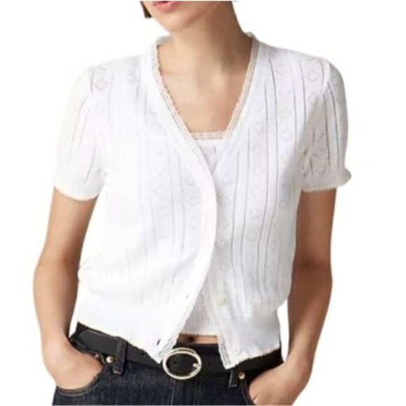 J. Crew Sweaters - NWT J.Crew Sz L White Pointelle Short-Sleeve V-Neck Cardigan Ultra-Fine Cotton